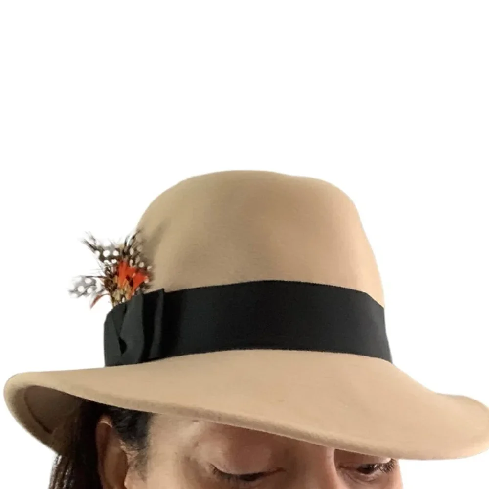 Adolfo Women's Fedora Tan with Feather
